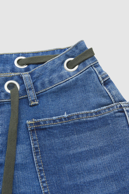 Drawstring Patch Pocket Mid Waist Barrel Leg Jeans