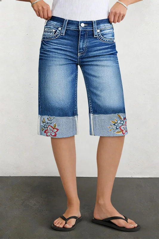 Wash Floral Embroidery Roll Hem Mid Rise Denim Bermuda Shorts