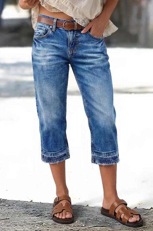 Wash Raw Hem Mid Waist Straight Leg Capri Jeans Without Belt