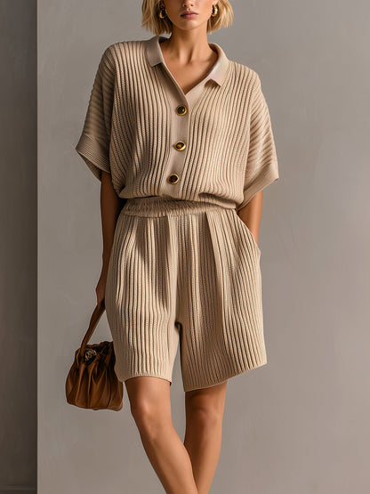 Chic Elegant Camel Lapel Single-Breasted Short-Sleeve Loose-Fit Cardigan Top Oversize Shorts Ribbed Knit Two-Piece Set