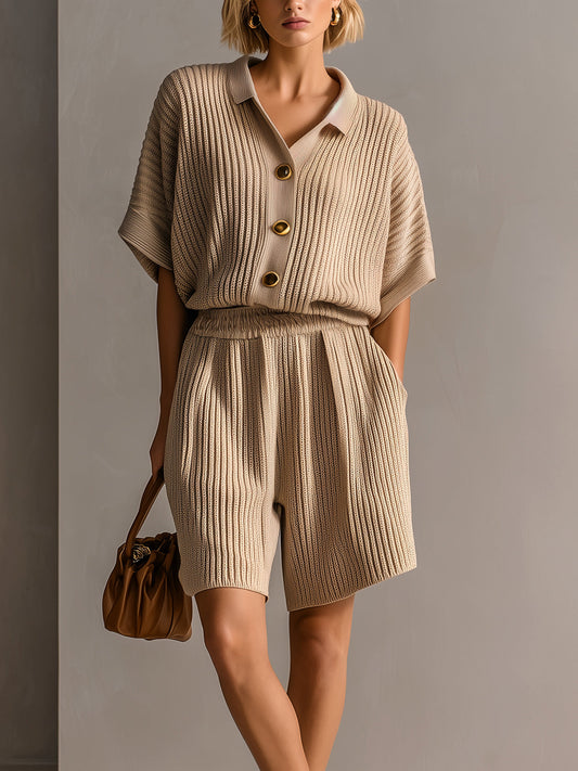 Chic Elegant Camel Lapel Single-Breasted Short-Sleeve Loose-Fit Cardigan Top Oversize Shorts Ribbed Knit Two-Piece Set