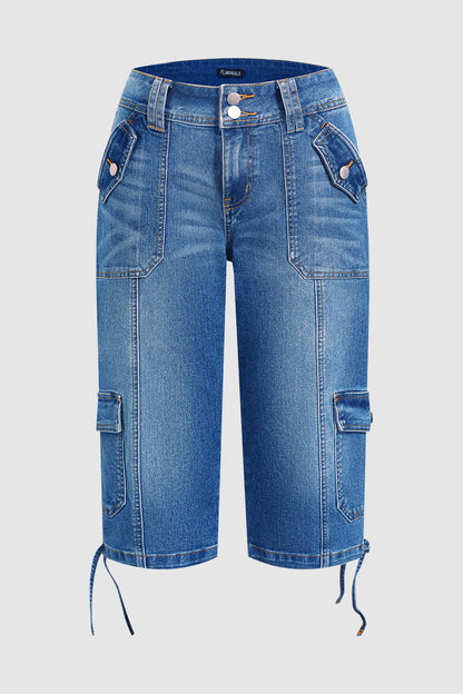 Wash Flap Pocket Drawstring Hem Mid Waist Straight Leg Capri Jeans