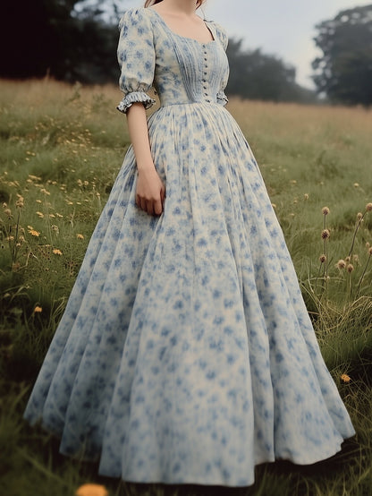 Robe Longue en Lin, Manches Mi-Longues, Col Carré, Robe Style Cottagecore, Mélange de Lin, Bleue