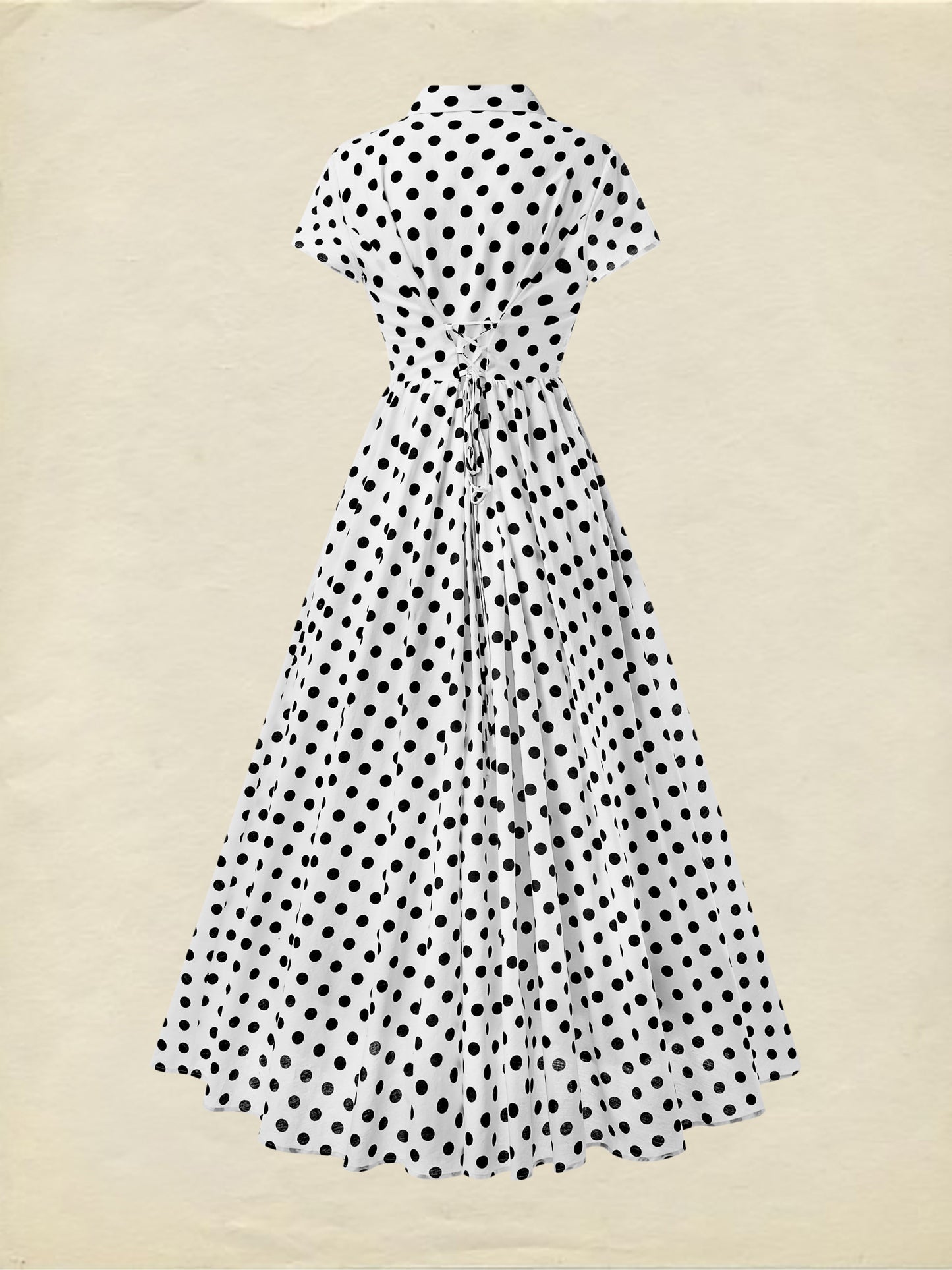 Robe longue en coton, manches courtes, col châle, à pois, vintage, blanche