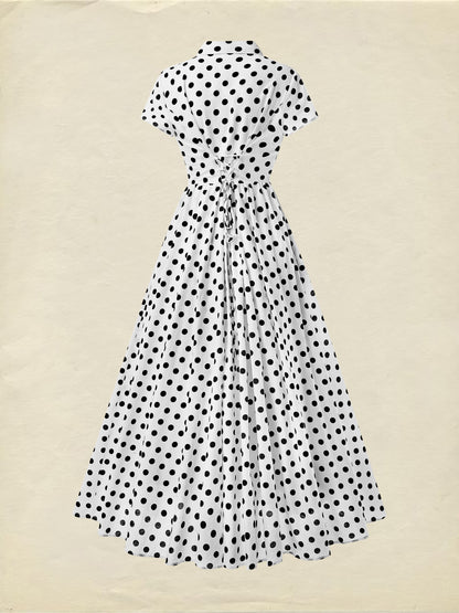 Robe longue en coton, manches courtes, col châle, à pois, vintage, blanche