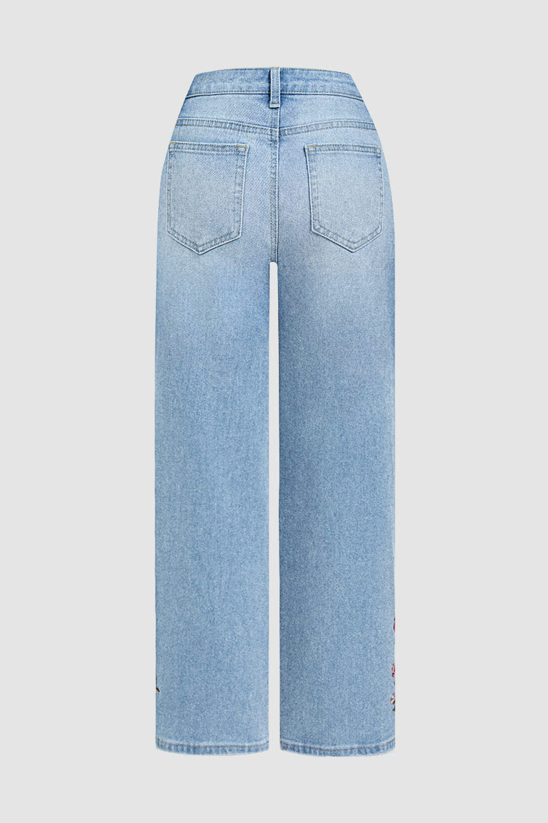 Wash Floral Embroidery Mid Rise Straight Leg Jeans