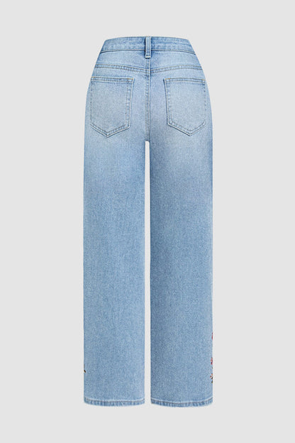 Wash Floral Embroidery Mid Rise Straight Leg Jeans