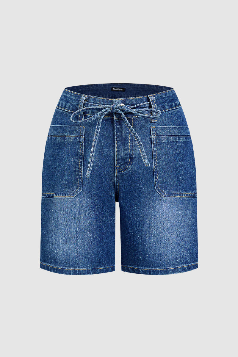 Wash Patch Pocket Drawstring High Rise Mid Thigh Denim Shorts