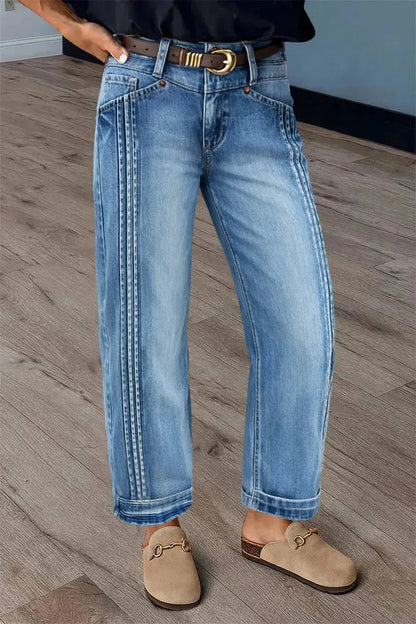 Wash Pleated High Rise Straight Leg Crop Jeans Without Belt
