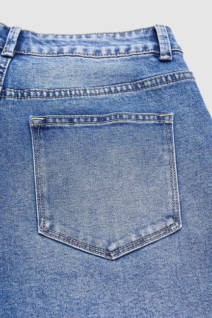 Floral Embroidery Scallop Trim Mid Rise Wide Leg Crop Jeans