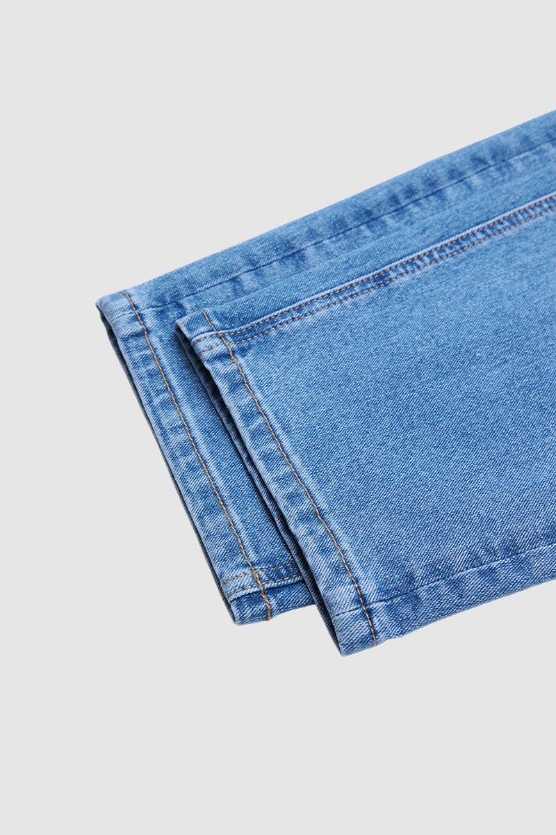 Wash Front Button Ripped Mid Waist Barrel Leg Crop Jeans Without Belt
