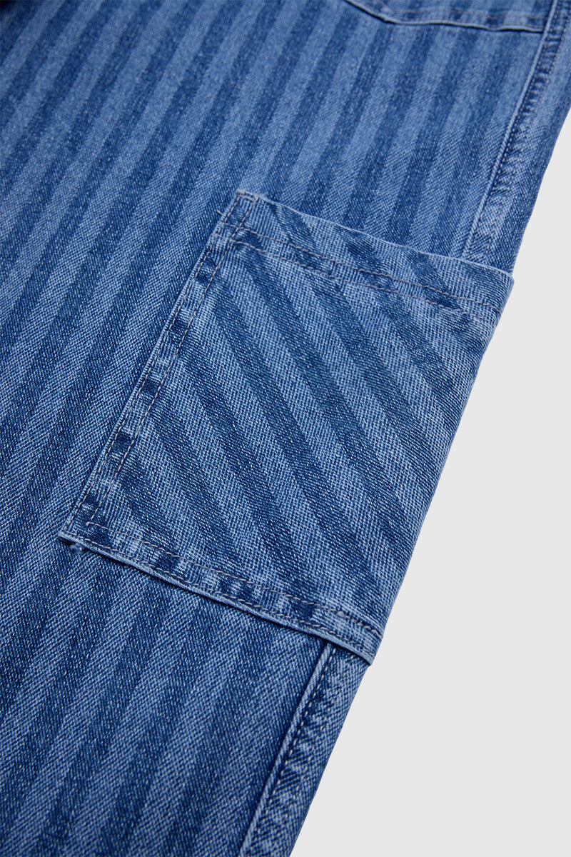 Striped Patch Pocket Drawstring Mid Rise Straight Leg Crop Jeans