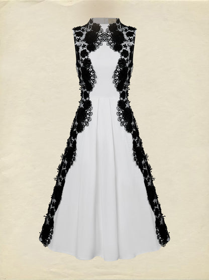 Robe midi en coton, sans manches, col montant, unie, dentelle, vintage français, blanche