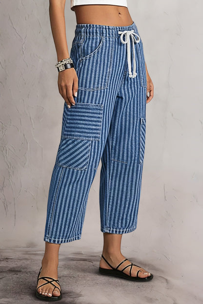 Striped Patch Pocket Drawstring Mid Rise Straight Leg Crop Jeans