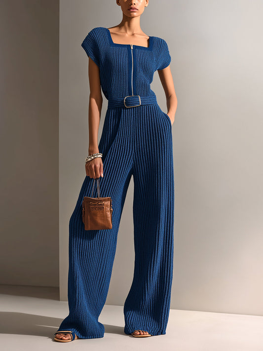 Chic Elegant Navy Blue Square Neck Short-Sleeve Loose-Fit Belted Wide-Leg Ribbed Knit Jumpsuit