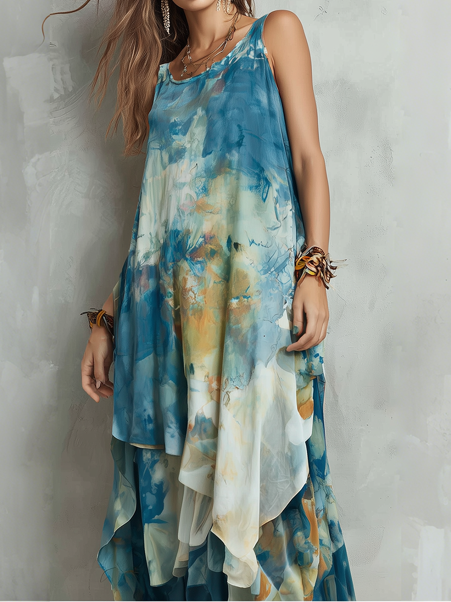 Robe longue double couche sans manches tie-dye abstraite artistique