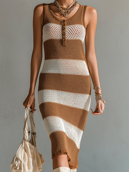 Chic Elegant Brown-Beige Stripes Round-Neck Button-Front Sleeveless Slim-Fit Mesh Knit Midi Dress