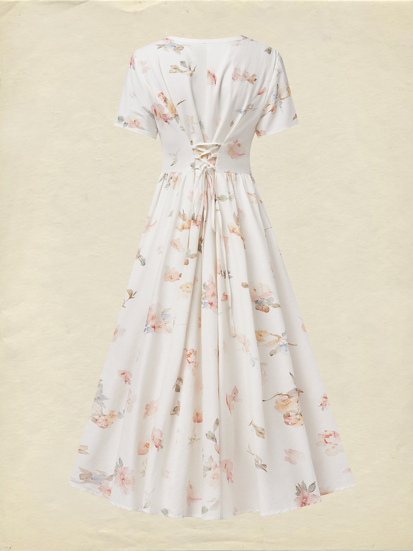 Robe midi en lin, manches courtes, col en V, florale, vintage, blanche