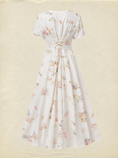 Robe midi en lin, manches courtes, col en V, florale, vintage, blanche