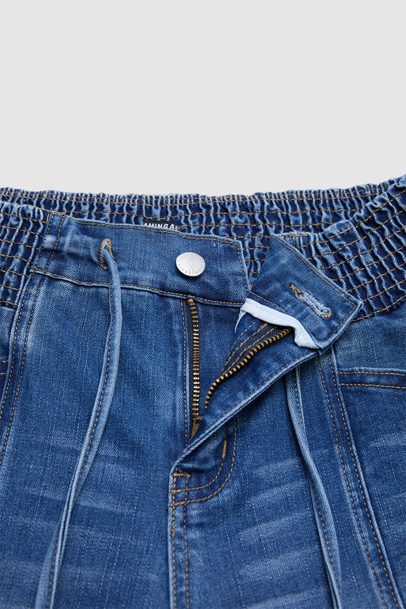 Drawstring Roll Hem Shirred Mid Waist Skinny Capri Jeans