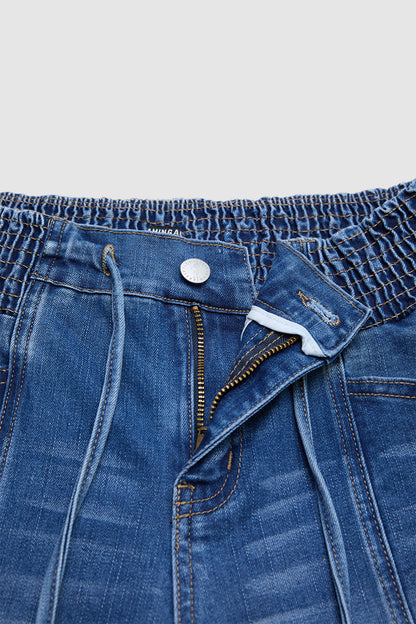 Drawstring Roll Hem Shirred Mid Waist Skinny Capri Jeans