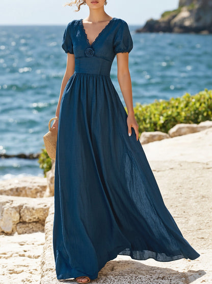 Robe longue en lin, manches courtes, col en V, unie, dentelle, vintage, bleue