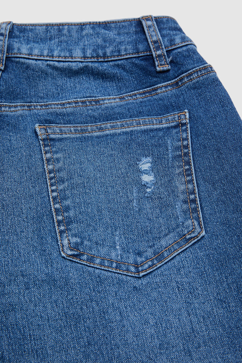 Wash Raw Hem Ripped Mid Waist Straight Leg Jeans