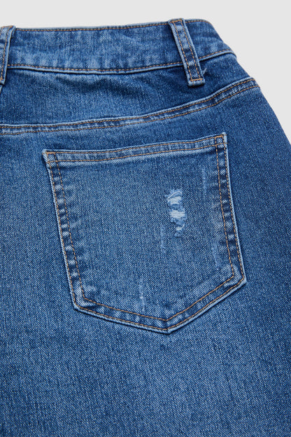 Wash Raw Hem Ripped Mid Waist Straight Leg Jeans