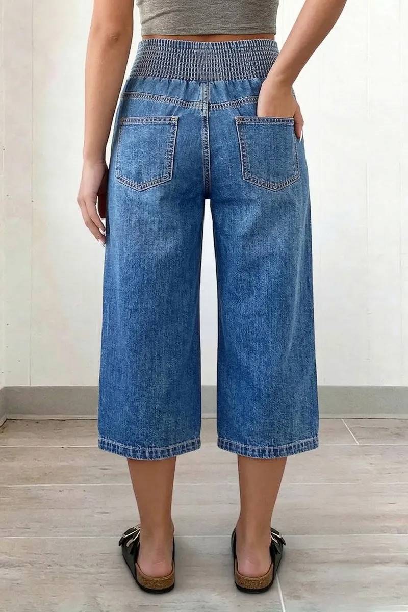 Stitch Detail Shirred High Waist Wide Leg Capri Jeans