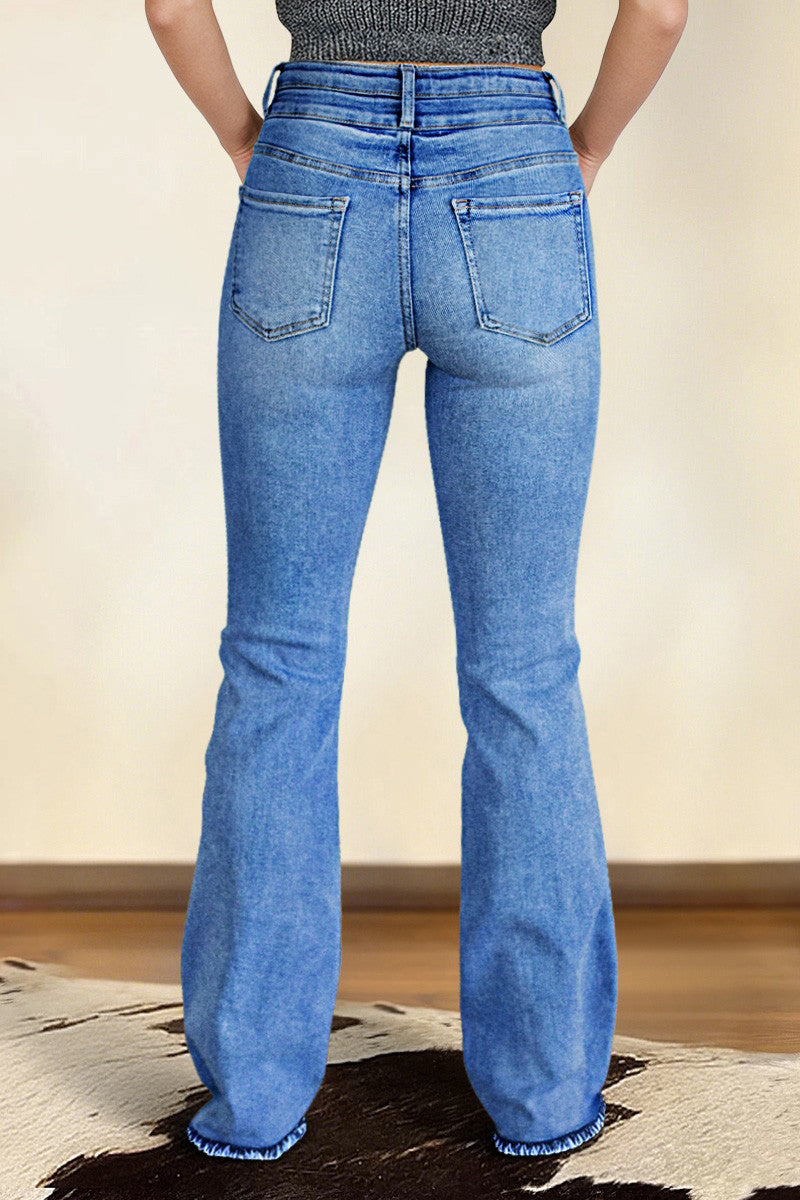 Wash Raw Hem Dual Button Mid Waist Bootcut Jeans