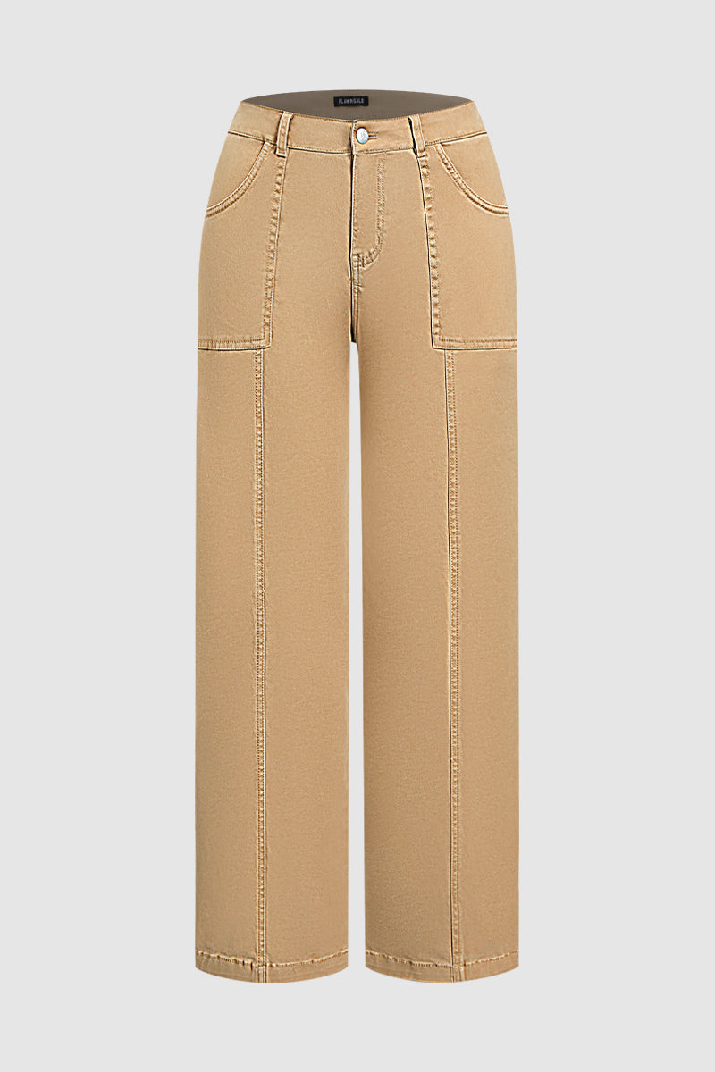 Solid Stitch Detail Mid Waist Bootcut Pants Without Belt