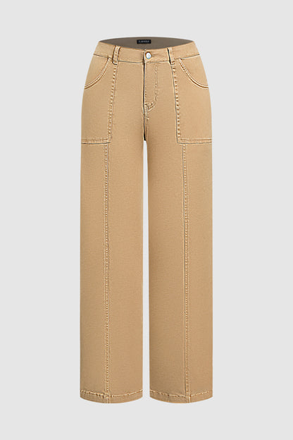 Solid Stitch Detail Mid Waist Bootcut Pants Without Belt