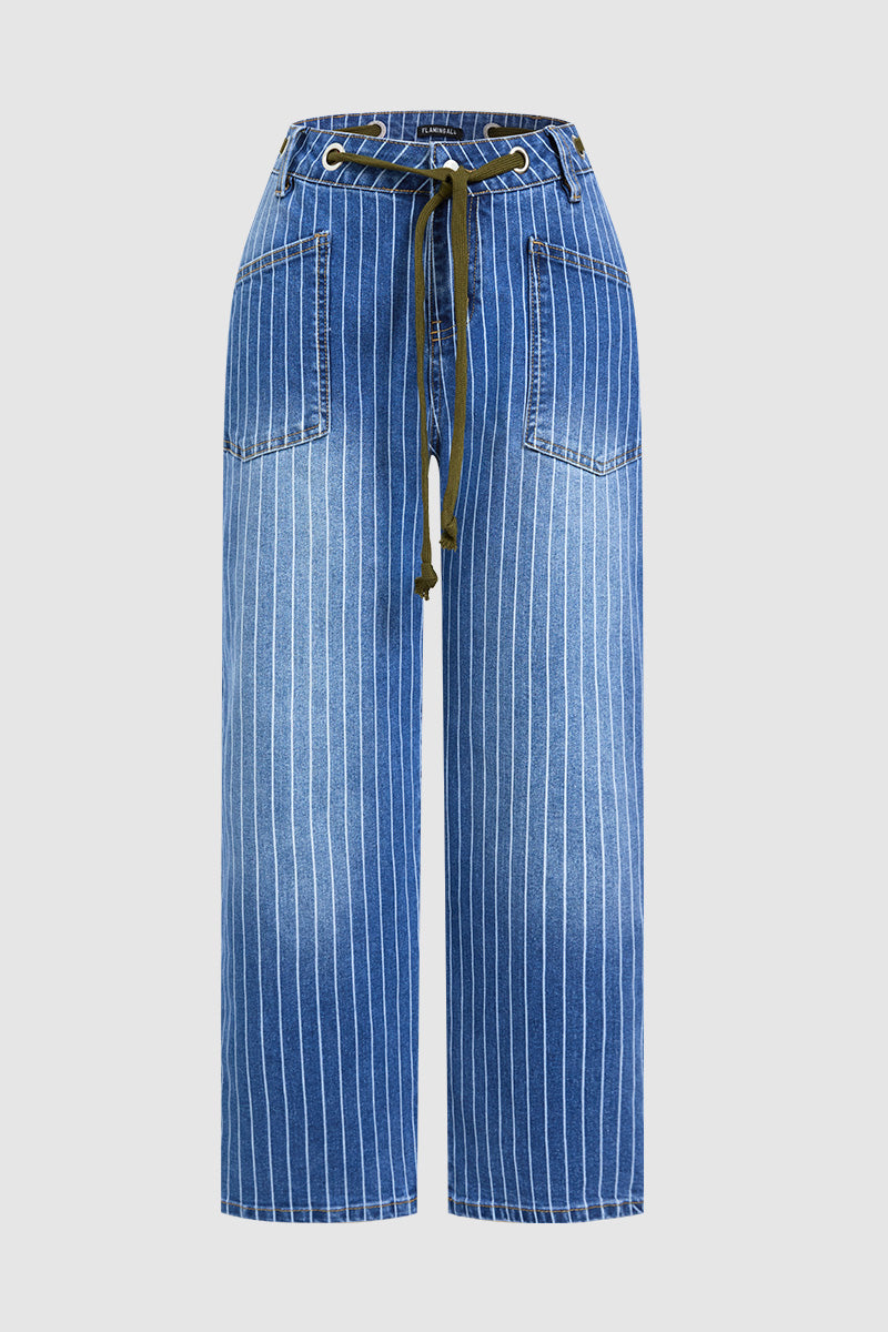 Pinstripe Drawstring Patched Pocket High Waist Straight Leg Crop Jeans