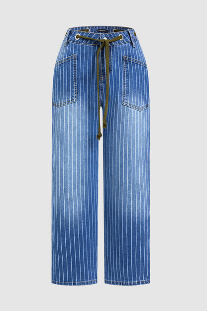Pinstripe Drawstring Patched Pocket High Waist Straight Leg Crop Jeans