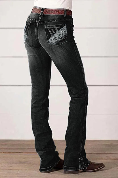 Embroidered Pocket Buttoned Hem Mid Waist Bootcut Jeans Without Belt