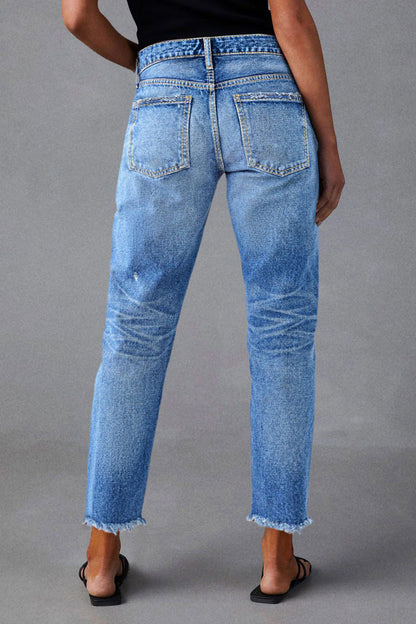 Raw Hem Ripped Mid Waist Straight Leg Crop Jeans