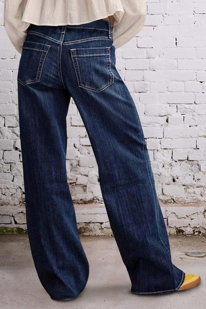 Wash Seam Front Mid Rise Straight Leg Jeans