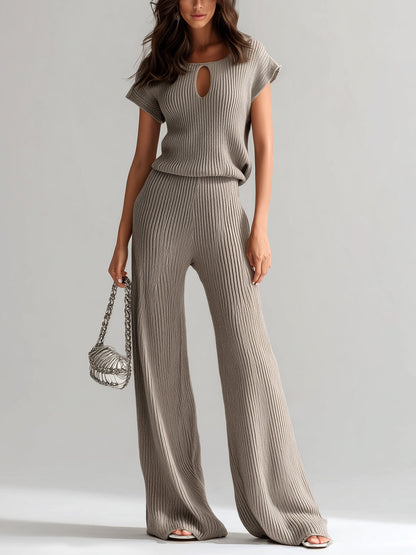 Chic Vintage Light Brown U-Neck Cutout Details Short-Sleeve Loose-Fit Top And Wide-Leg Pants Ribbed Knit Two-Piece Set