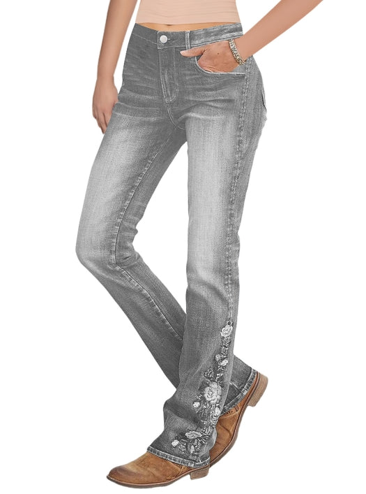 Washed Floral Embroidery Stretchy Mid Waist Bootcut Jeans