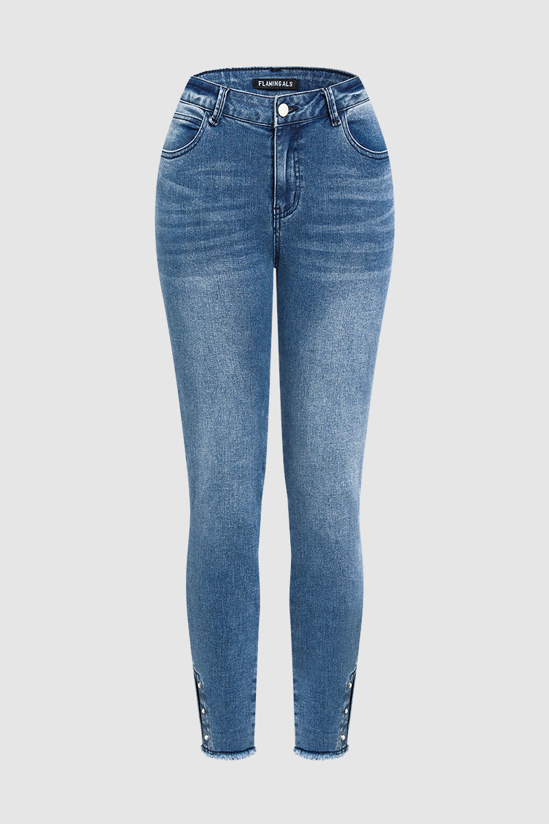 Pearl Button Side Raw Hem High Waist Skinny Jeans