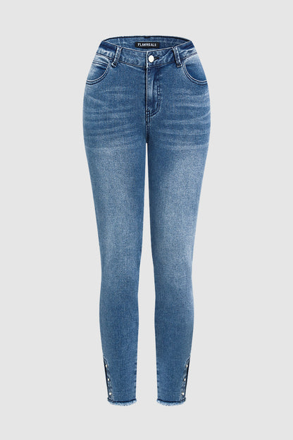Pearl Button Side Raw Hem High Waist Skinny Jeans