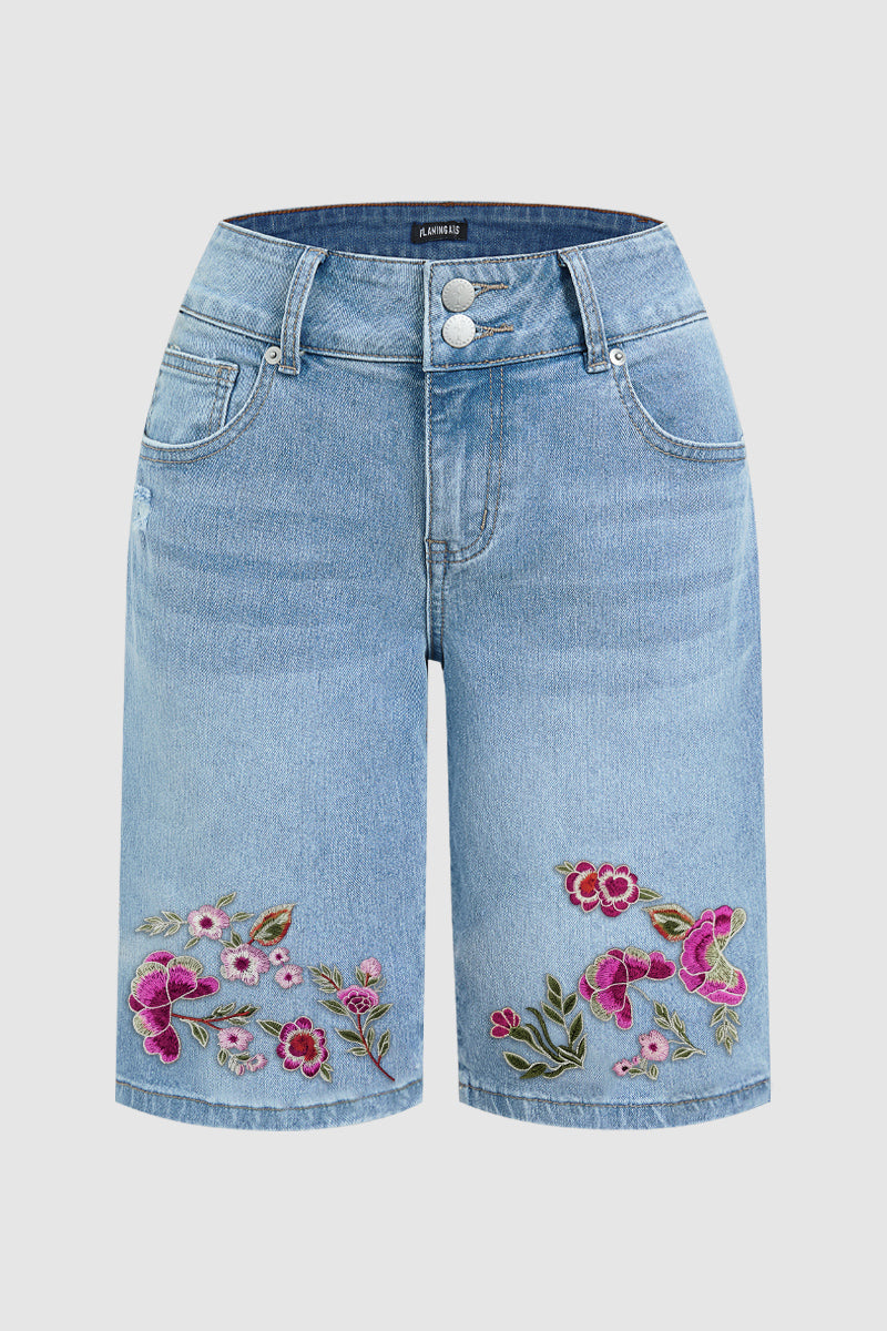 Wash Floral Embroidery High Waist Denim Bermuda Shorts