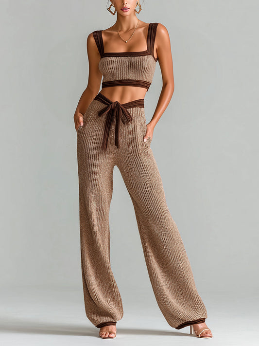 Chic Elegant Brown-Coffee Contrast Trim Slim-Fit Cropped Tank Top And Drawstring Waist Wide-Leg Pants Knit Two-Piece Set