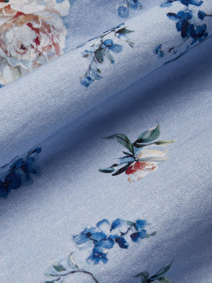 Robe longue en lin, manches bouffantes, col rond, fleuri, mélange de lin, bleue