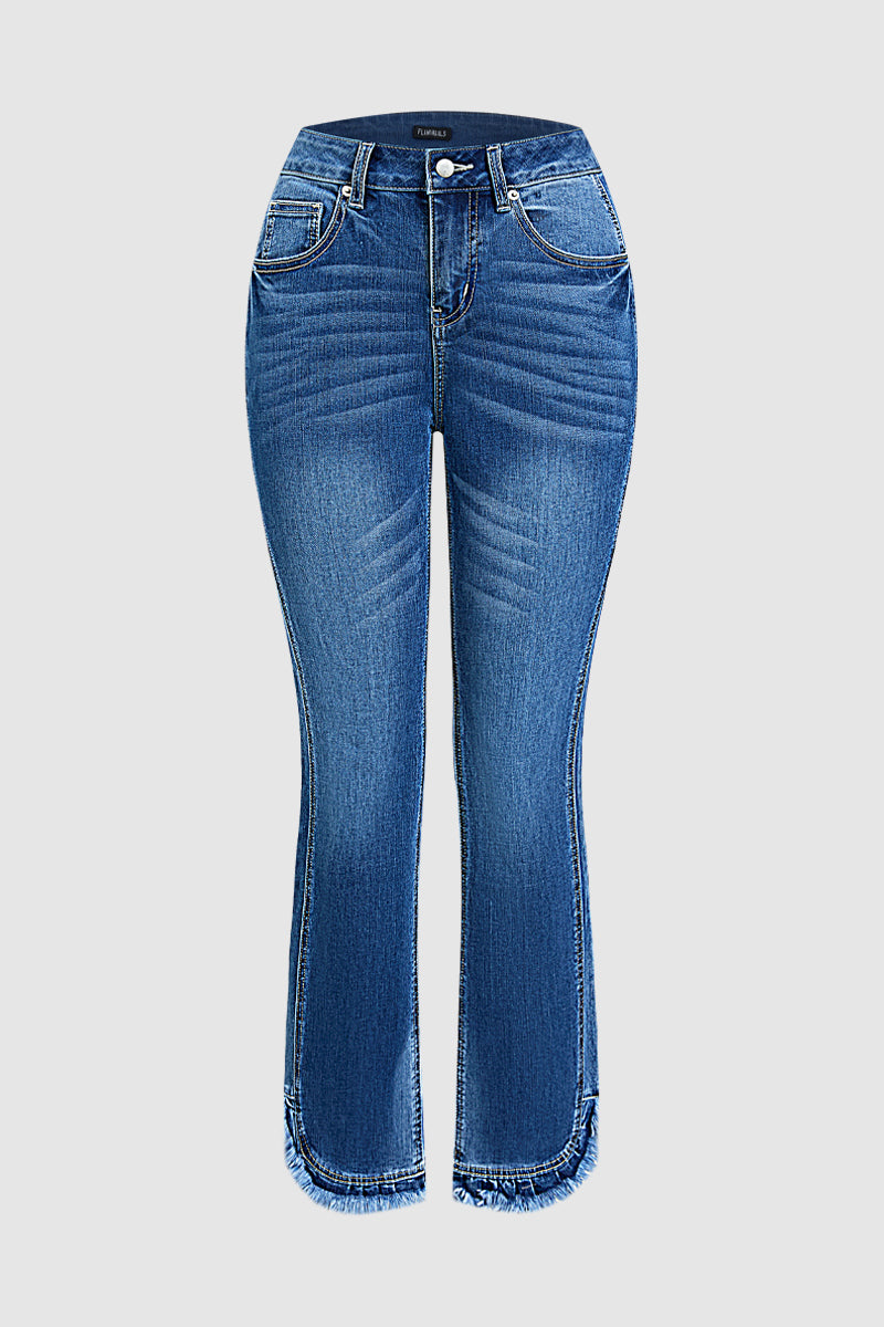 Stitch Detail Raw Hem Split Mid Waist Bootcut Jeans Without Belt