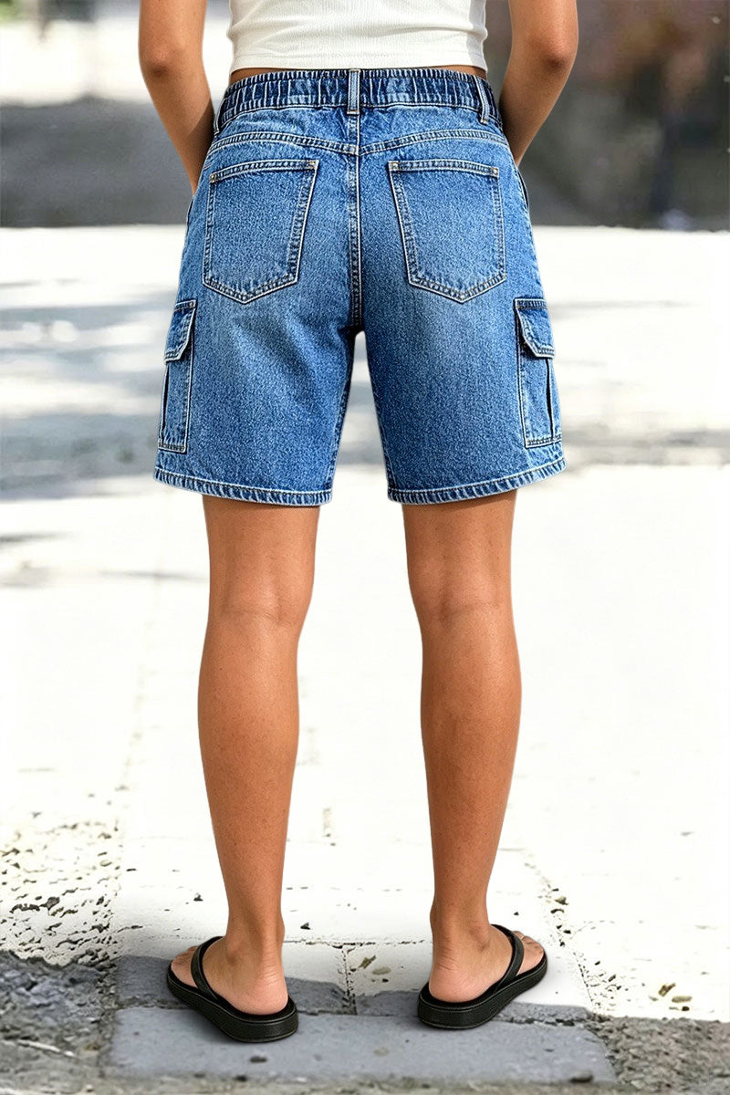 Wash Flap Pocket Seam Front Elastic Mid Rise Mid Thigh Denim Shorts