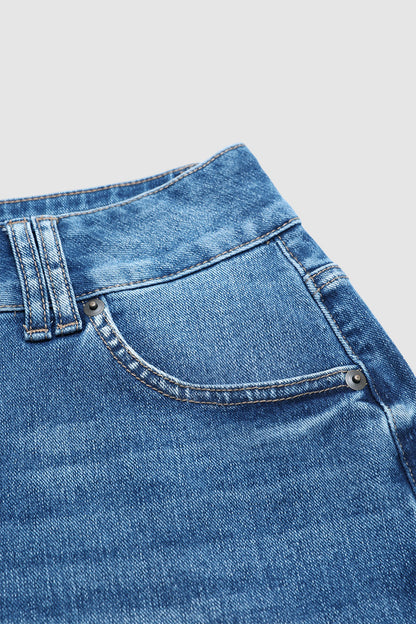 Wash Split Dual Button Mid Waist Denim Shorts