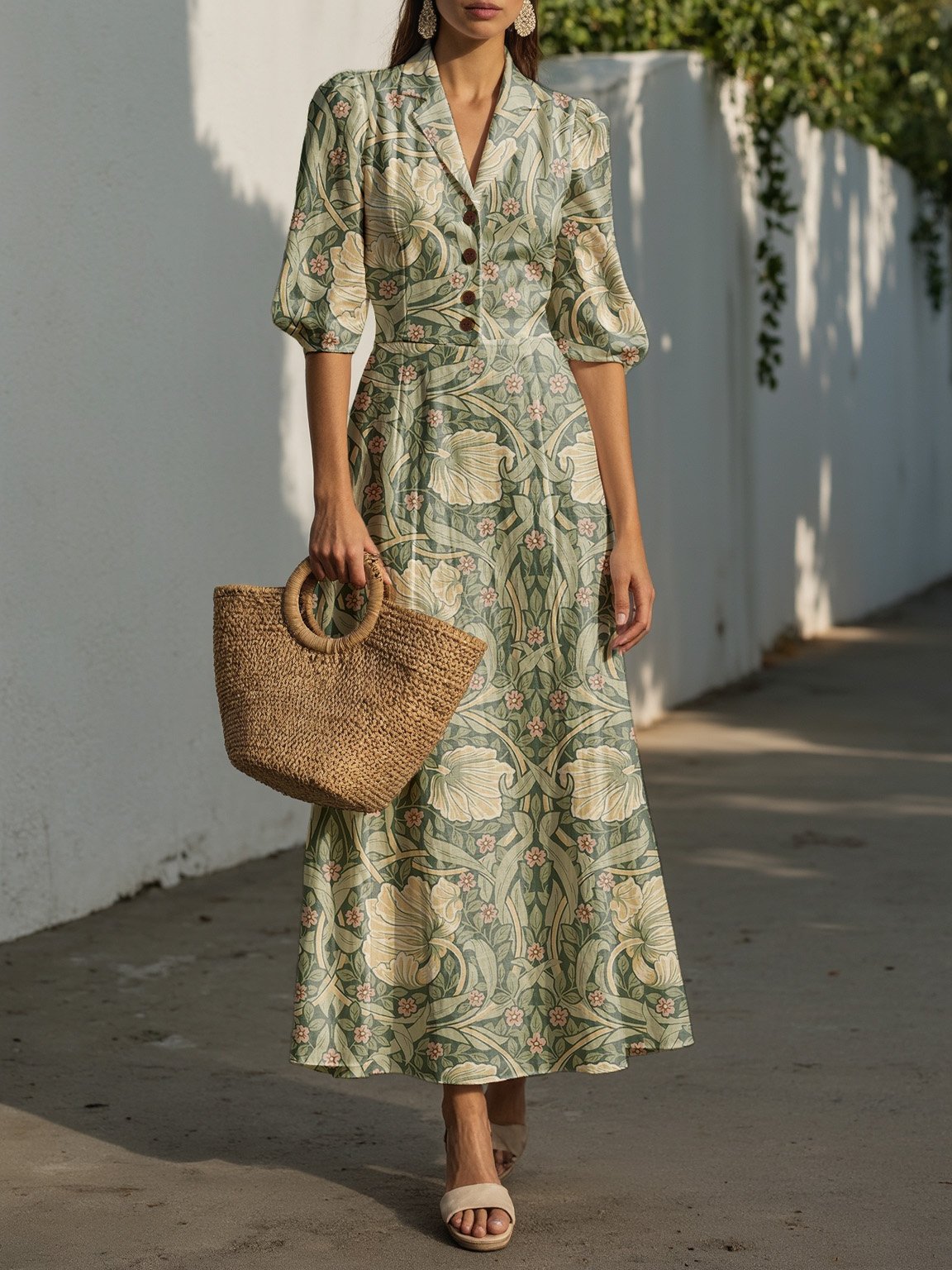 Robe longue en lin, manches courtes, col à revers, motif cachemire, boutonnée, vacances, vintage, verte