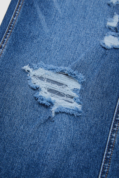 Wash Raw Hem Ripped Mid Waist Straight Leg Jeans