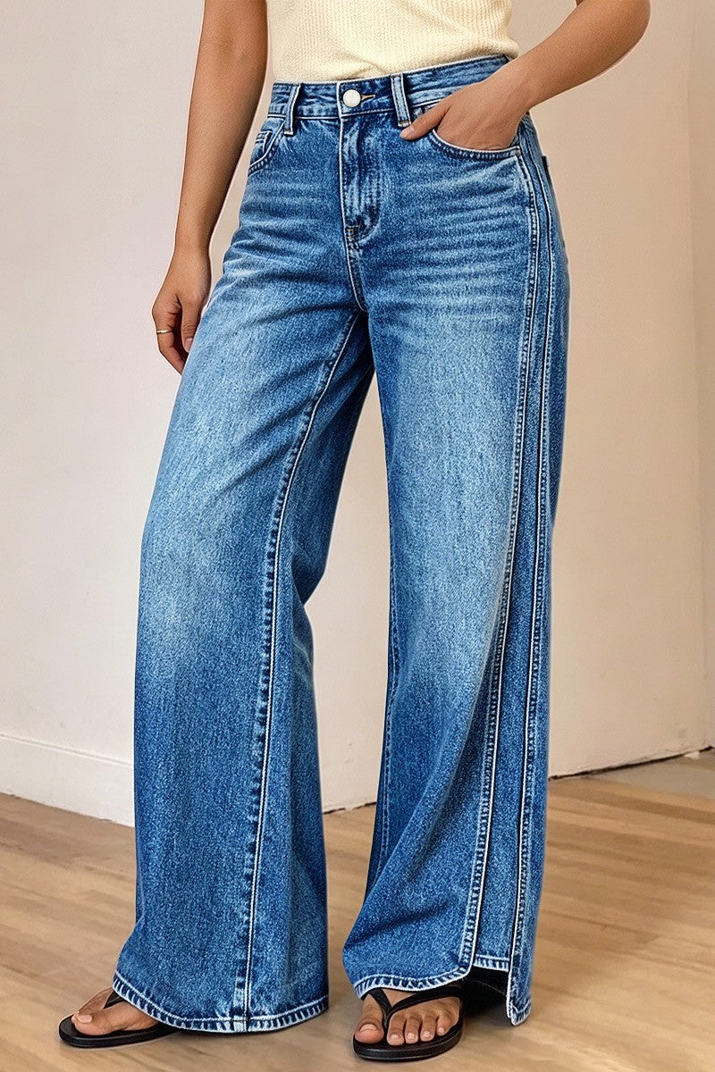 Wash Seam Side Split Hem High Rise Wide Leg Jeans